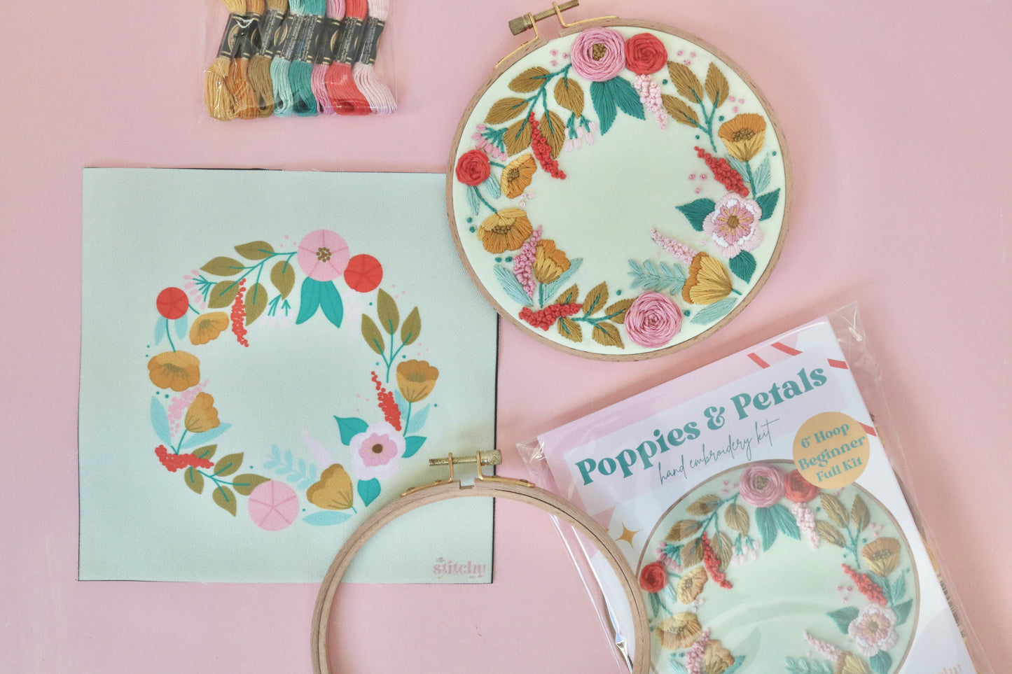 6" Poppies and Petals Floral Embroidery Kit - Beginner