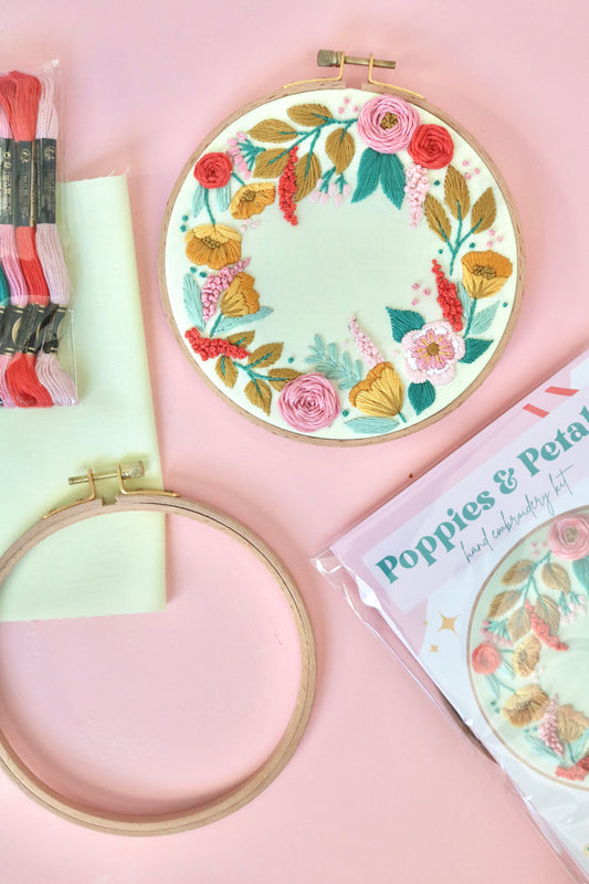 6" Poppies and Petals Floral Embroidery Kit - Beginner