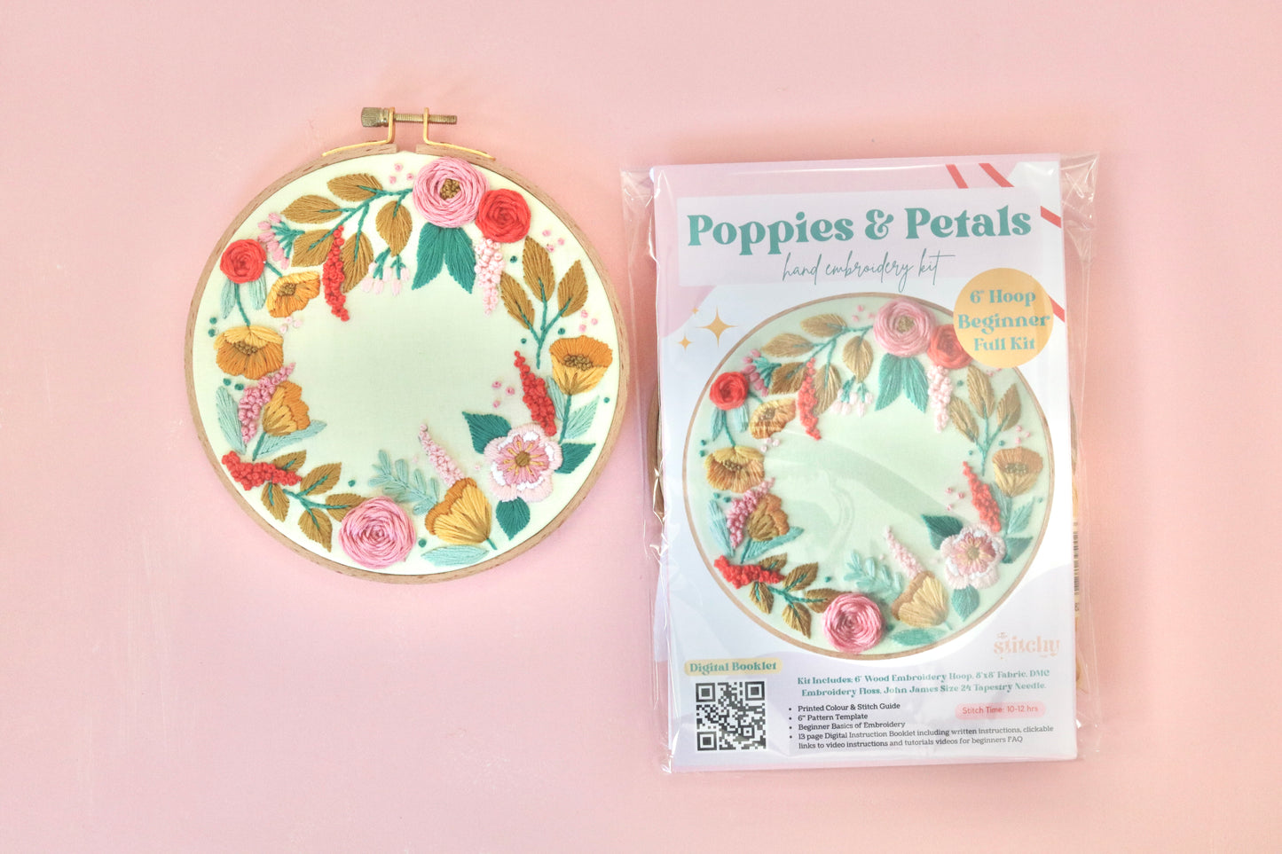6" Poppies and Petals Floral Embroidery Kit - Beginner
