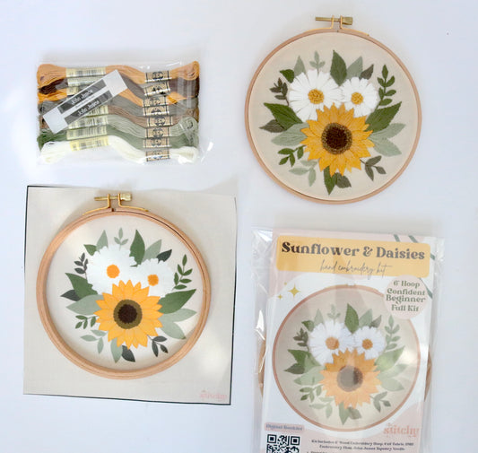 6" Sunflower and Daisies Embroidery Kit - Confident Beginner