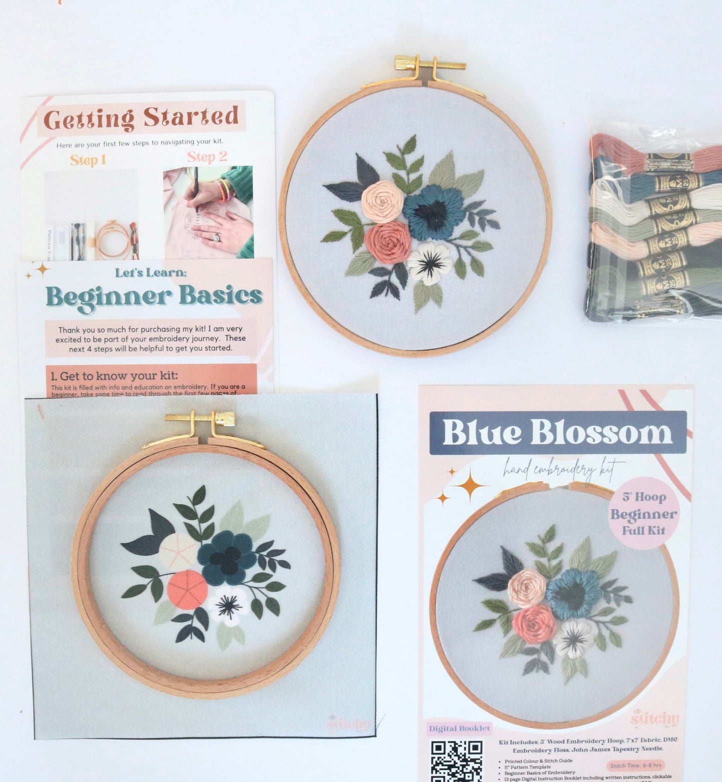 5" Blue Blossom Embroidery Full Kit - Confident Beginner