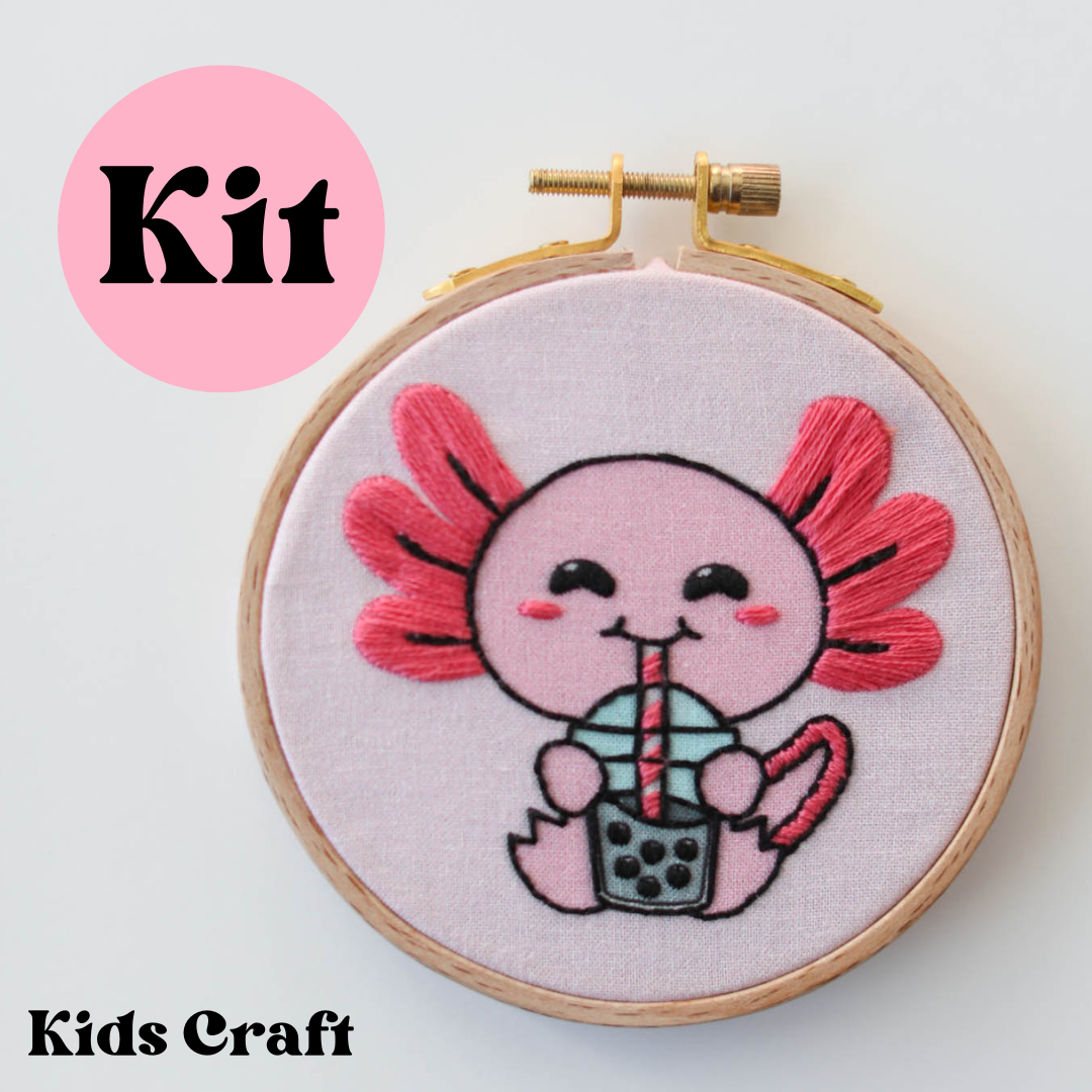 Kids Embroidery Kit with 4" Hoop - Axolotl - Creative Stitching Fun for Young Crafters