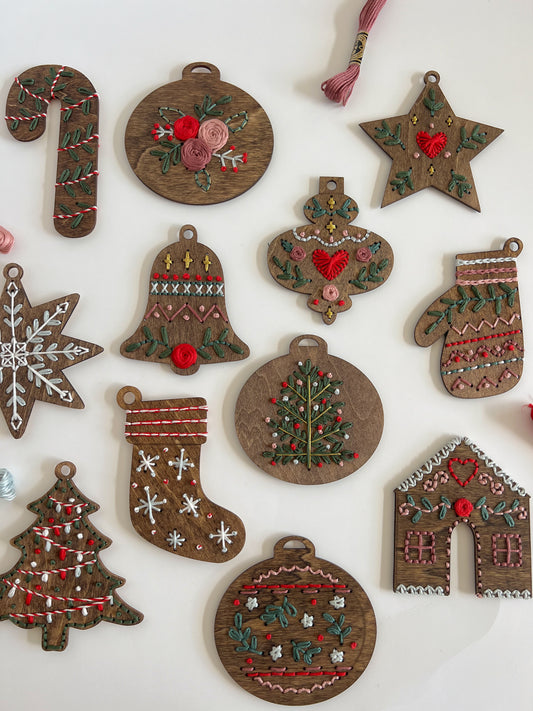 Full Set of 12 Wood Embroidery Ornament Kit